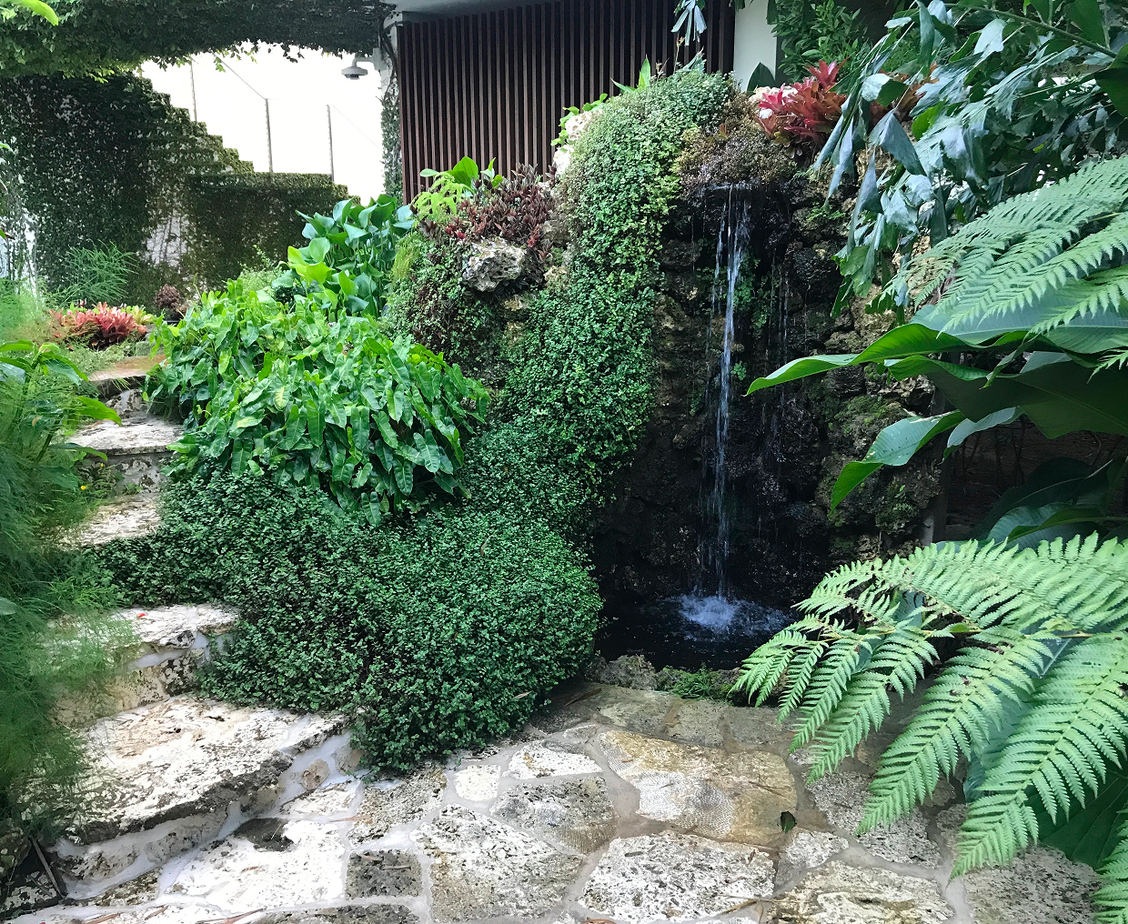 Garden waterfall surrounded by lush greenery