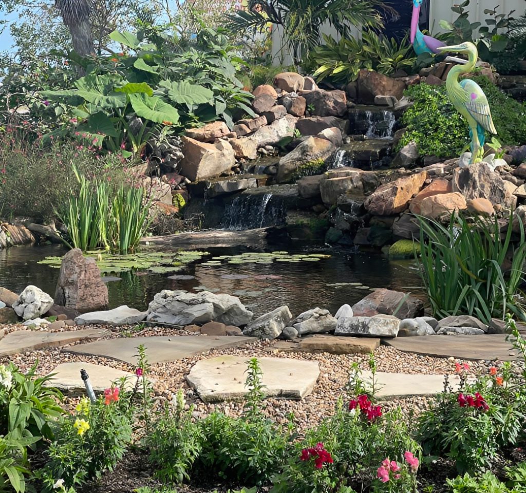 Backyard garden pond with waterfall and heron