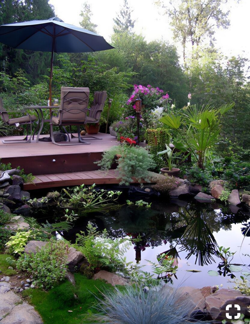 Backyard deck with pond and patio umbrella